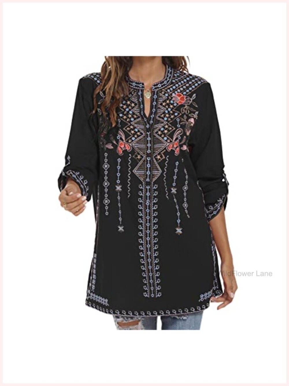 Women's Embroidered Peasant Tunic Top Button Down Cotton Rayon Boho Blouse